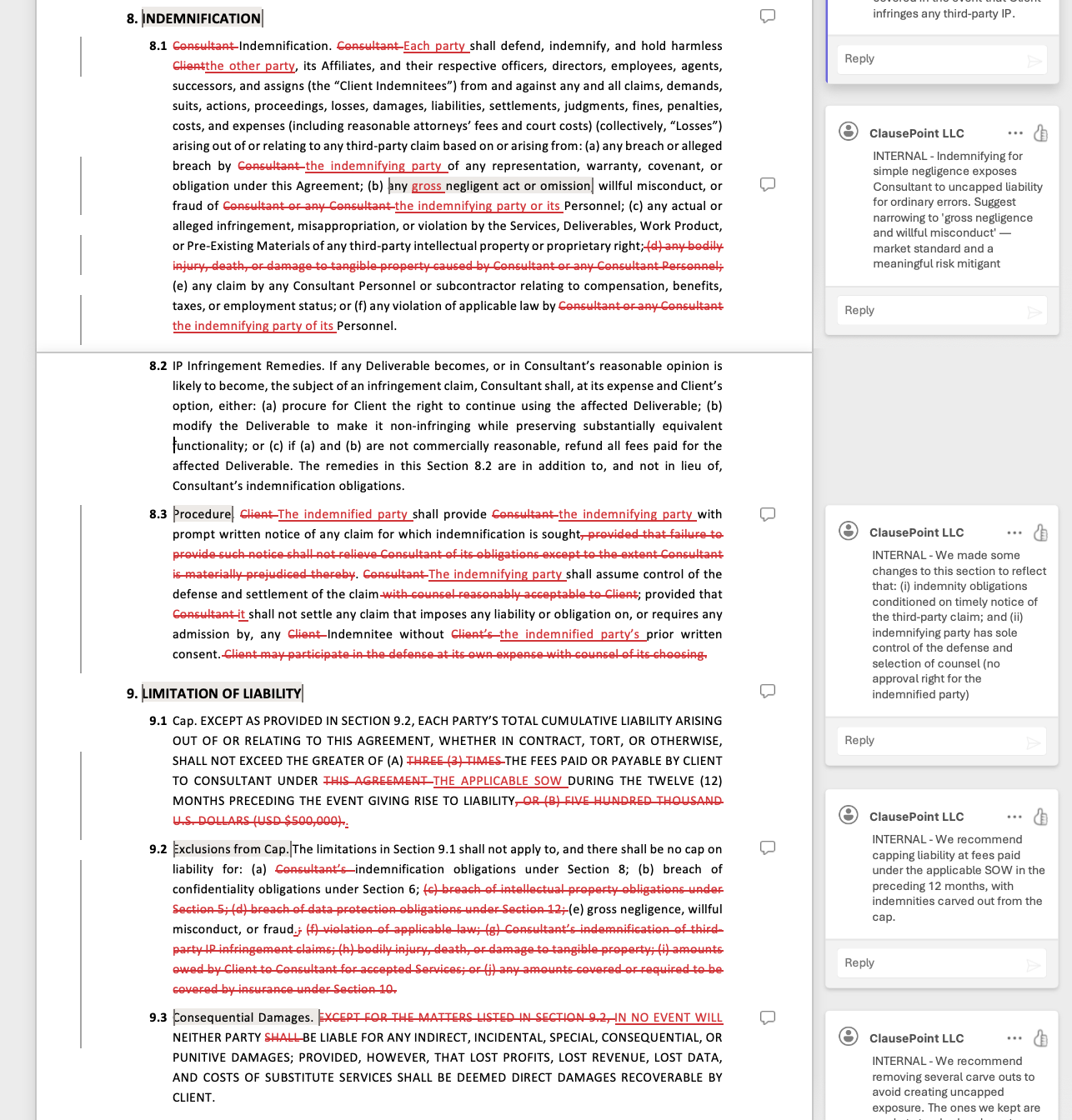 Contract review mockup showing redlined Services Agreement with reviewer comments